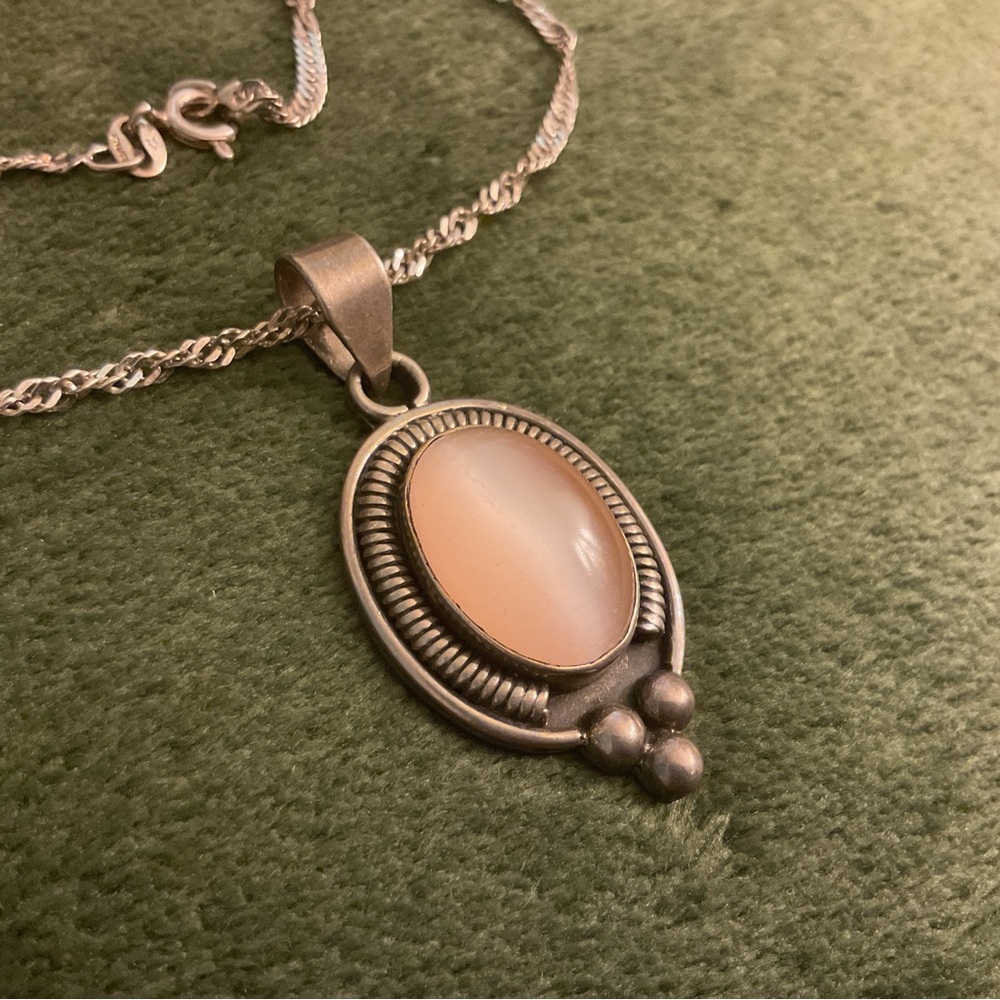 VTG Sterling Silver 925 Necklace Pink Opal Stone Bezel Pendant 18”